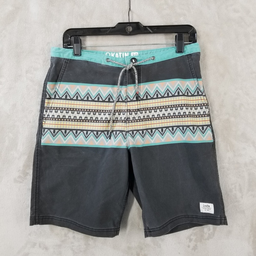 Vtg Katin Surf Trunks Men 30 Gray Geometric‎ Print Swim Board Shorts Drawstring